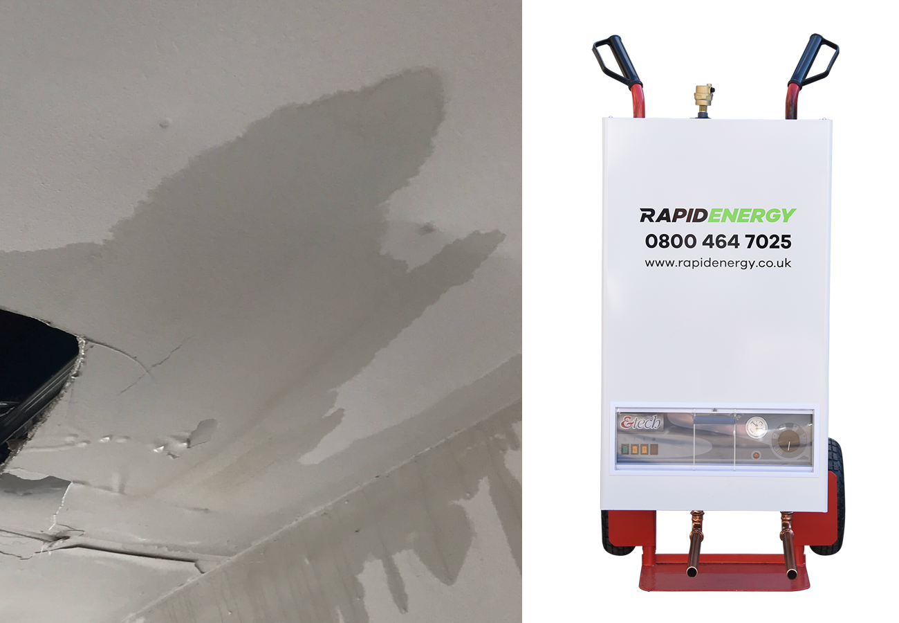 water damage to ceiling alongside electric trolley mounted boiler
