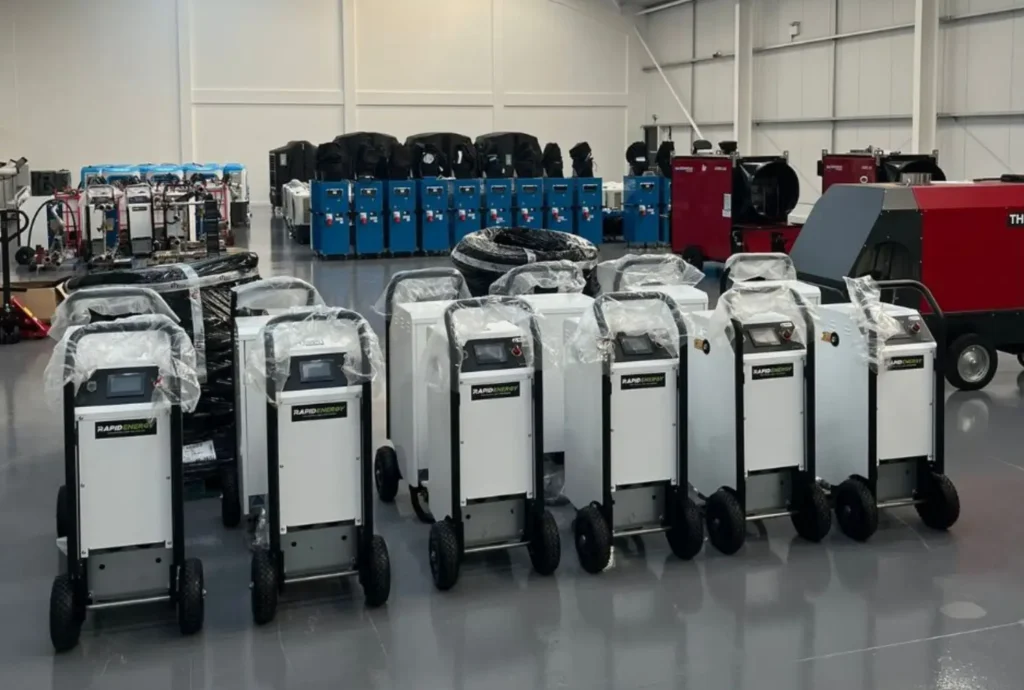 Row of electric mobile boilers in Rapid Energy's Redditch depot.