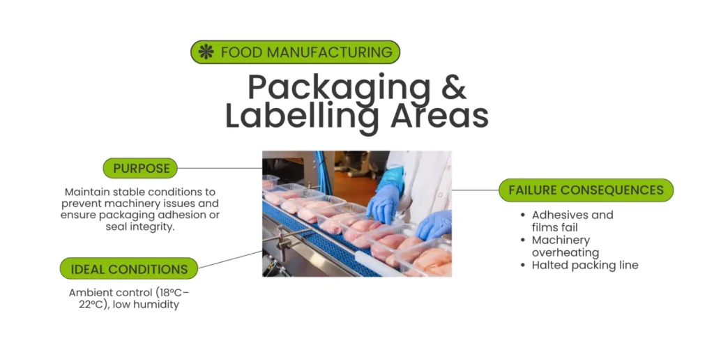 A diagram showing temperature requirements in packaging and labelling areas in food manufacturing.