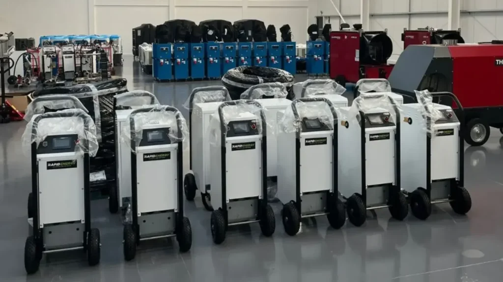 Row of electric mobile boilers in Rapid Energy's Redditch depot.