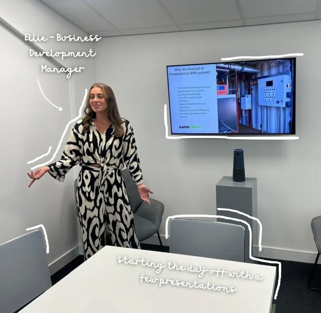 Rapid Energy Business Development Manager Ellie presenting at a client meeting