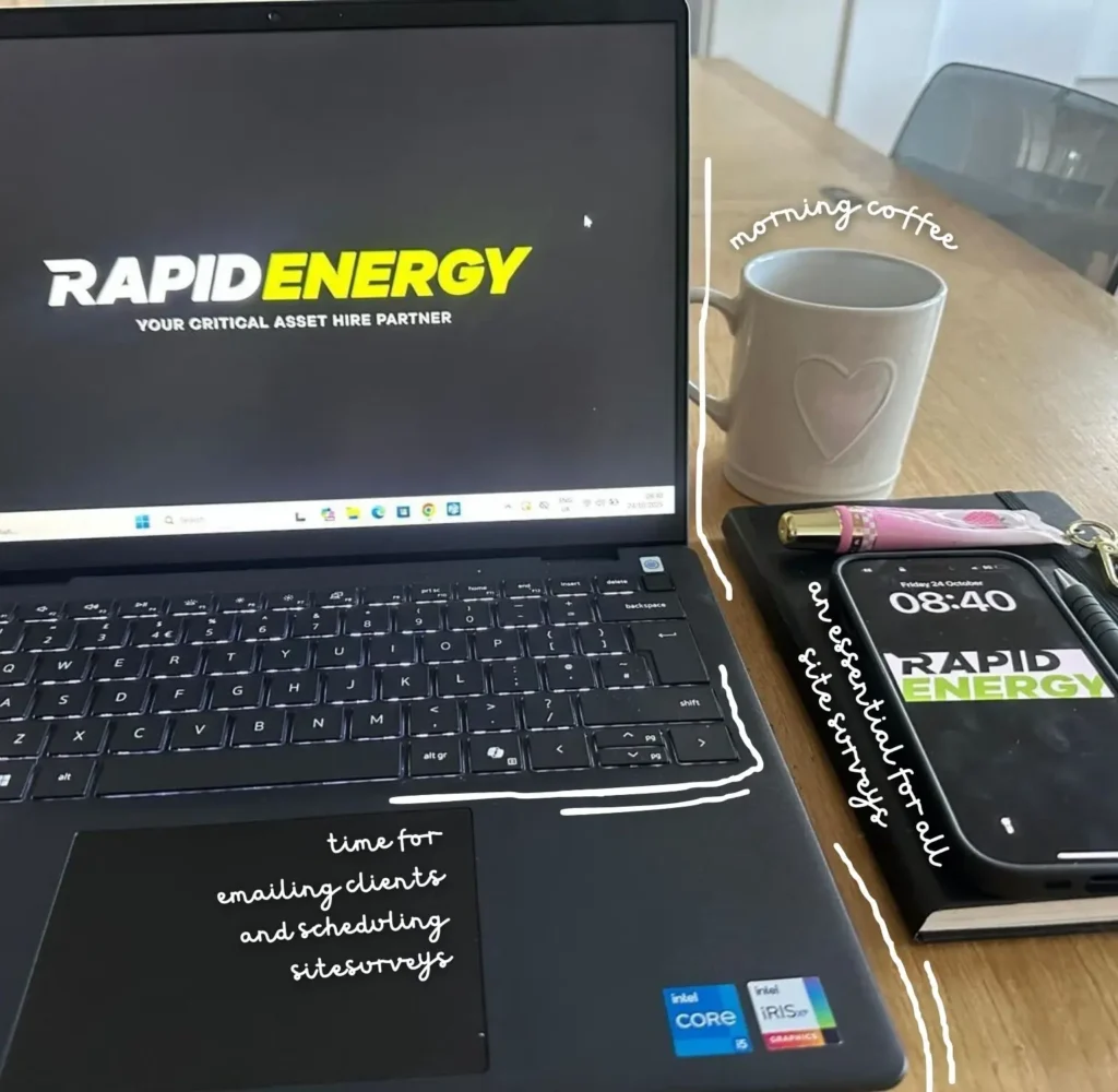 Rapid Energy laptop and phone on a table in a cafe.