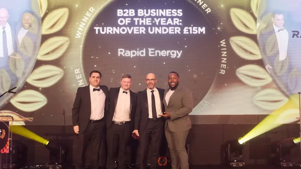 Rapid Energy leadership team on stage at the Growing Business Awards 2025.