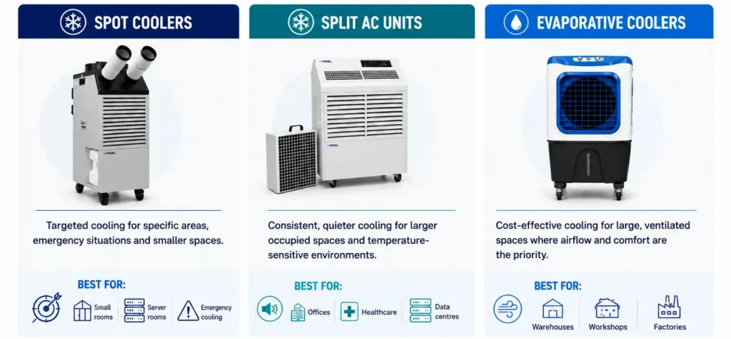 Spot coolers vs split ac vs evaporative cooling